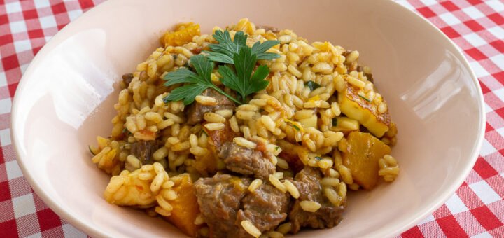 Risoto de carne abóbora e queijo coalho
