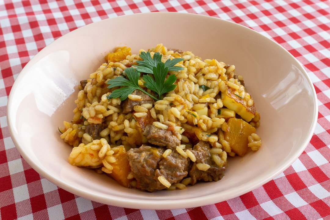Risoto de carne abóbora e queijo coalho